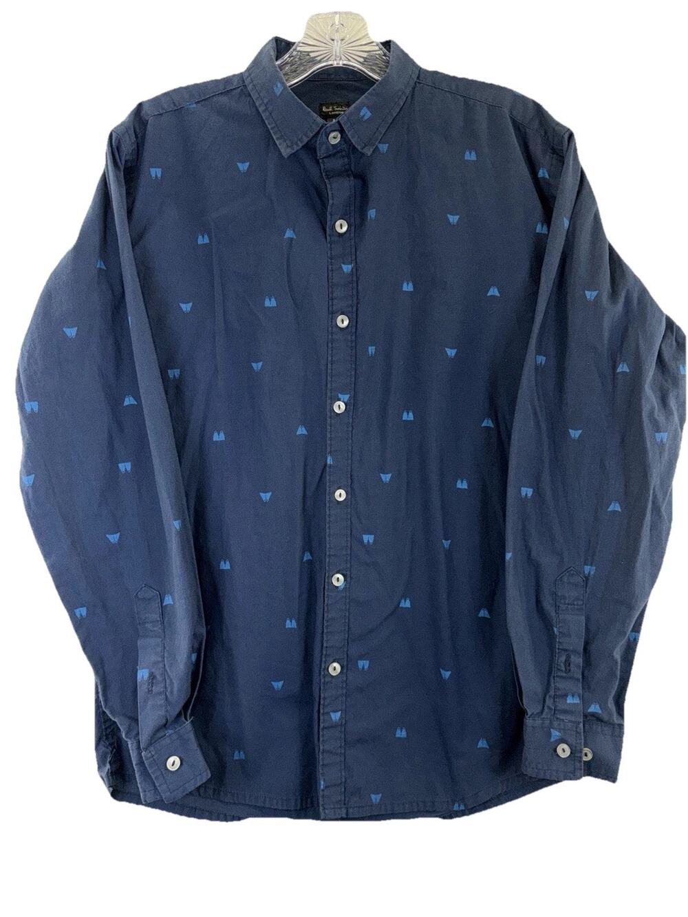 Paul Smith Navy Blue Scuba Fins Print Long Sleeve Button Up Shirt Mens Small